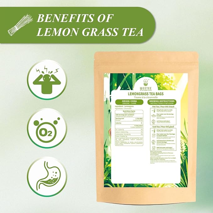 WT WEETEE Lemongrass Tea Bags, 100 Count Pure Lemon Grass Leaves Tea Bags, Natural Caffeine Free Herbal Tea