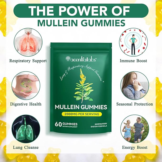 flasture Mullein Gummies for Lungs & Sinus Relief, 2000mg Mullein Leaf Extract, Natural Lung Cleanse Supplement for Smokers, Supports Respiratory, Immune & Mucus Relief – 60 Chewable Gummies