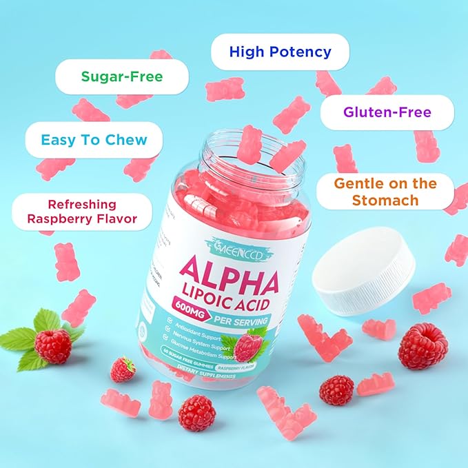 MEENCCD 2 Pack Alpha Lipoic Acid Gummies 600mg - ALA Supplement for Antioxidant Support, Vegan, Sugar-Free, Raspberry Flavor, 120 Count