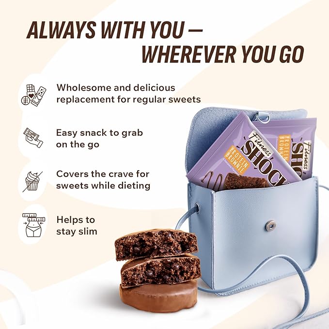 Fitness SHOCK Chocolate Protein Brownie - No Added Sugar, 7.5g Protein, Low Carb Guilt-Free Dessert - 0g Added Sugar, 10g Net Carbs, 5g Fiber, Non-GMO, Oat Bran - 10 x 50g