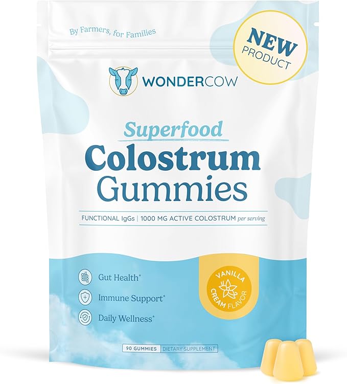 WONDERCOW Colostrum Gummies for Gut Health, Immune Support & Wellness | Natural IgG Whole Bovine Colostrum Supplement, 1,000mg per Serving (90 Gummies (30 Servings), Vanilla Cream)