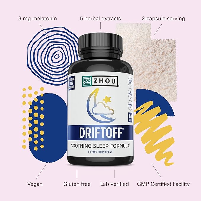 Zhou Driftoff - Nature Inspired Sleep Aid, Valerian Root & Melatonin for Sleep for Men & Women, Calm Sleeping Supplement for Adults with Gaba & Chamomile to Relax - 60 Veggie Capsules