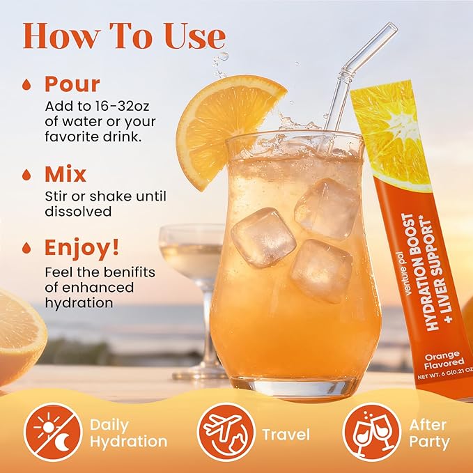 Venture Pal Hydration Packets + Liver Support- Liquid Daily IV Electrolyte Powder Packets with 7 Electrolytes & 5 Vitamins, Milk Thistle + L-Theanine | Sugar-Free | Keto Friendly | Vegan, 16 Sticks