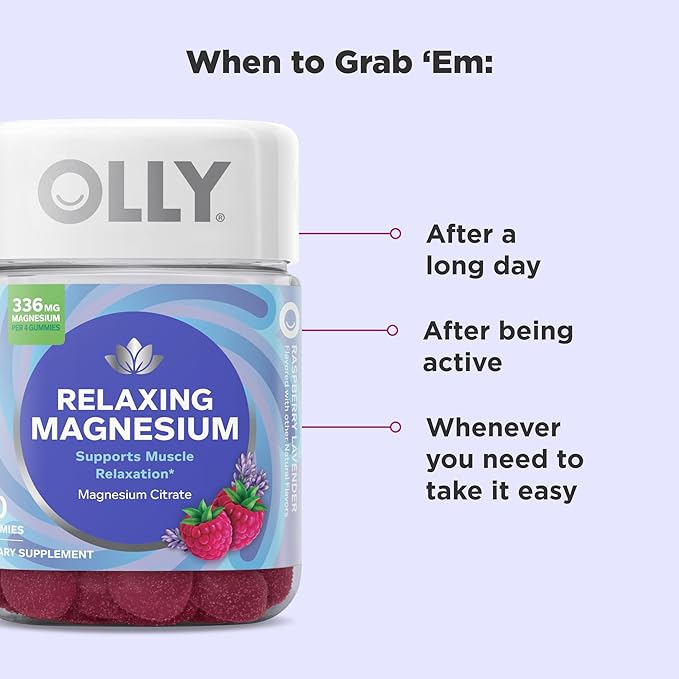 OLLY Relaxing Magnesium Gummies, Supports Muscle Relaxation,* Magnesium Citrate, Raspberry Lavender Flavored, 30 Day Supply - 120 Count