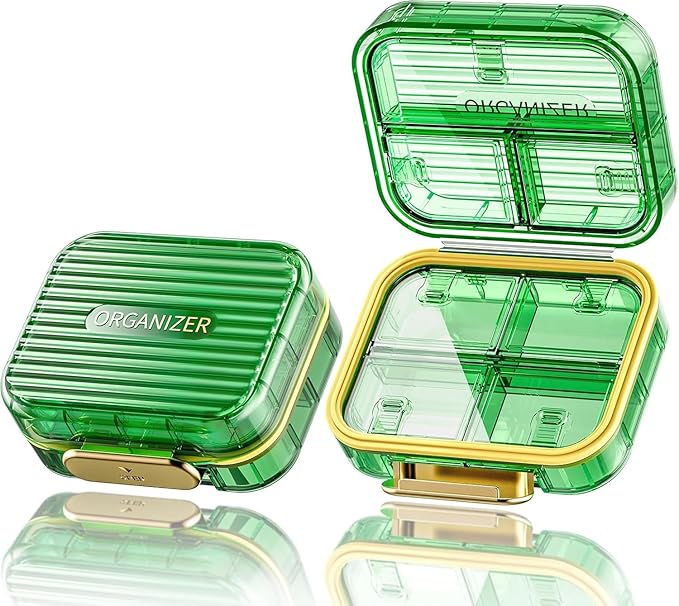 Small Pill Box, Acedada Travel Pill Case for Purse, Portable 7 Compartments Daily Pill Organizer, Compact Medicine Vitamin Container for Fish Oil & Supplements, Light Green