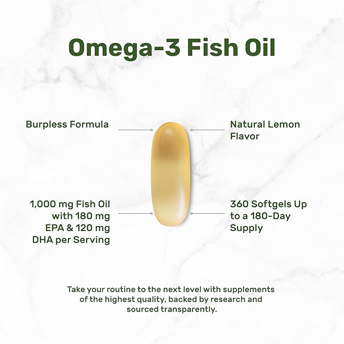 Omega-3 Fish Oil Burpless Formula from Wild Caught Deep Sea Fish, 360 Softgels | 1,000 mg Fish Oil with 180 mg EPA & 120 mg DHA per Serving | Natural Lemon Flavor | Non-GMO, cGMP Manufactured