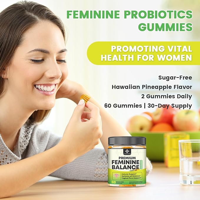 Feminine Balance Probiotic Gummies - Women's Vaginal Health Support | PH Balance & Odor, Flora, Immune Support | Probiotics for Women, Vegan Pineapple Flavor, 120 Count