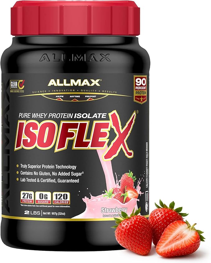 ALLMAX ISOFLEX Pure Whey Isolate Protein Powder - Gluten Free, Low Lactose, Sugar-Free - High-Protein, Clean, Keto-Friendly, Pre Post Workout Supplement for Women and Men | Strawberry, 2lb