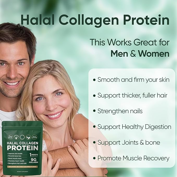 Halal Collagen Protein Powder, Grass-Fed Collagen Peptides Powder, Type I&III, 100% Hydrolyzed for Hair, Skin, Nails, Gut, Bone & Joint Health for Women and Men, Sugar Free, Unflavoured (1)