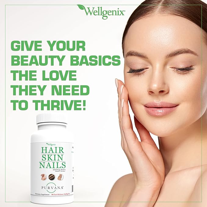 Wellgenix Purvana Hair Skin and Nails Supplement – 2500mcg Biotin Softgels with MSM & B-Complex – Daily Beauty Support for Stronger Nails & Hair Vitality – 90 Softgels