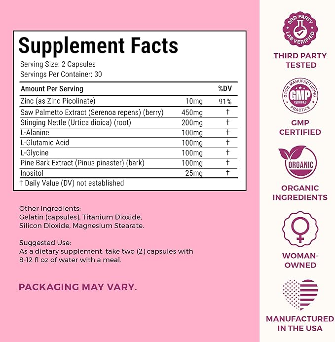 VITA-PCOS AndroBlocker Balance Supplement for Women - Stinging Nettle Capsules with Zinc & Inositol for Unwanted Facial Hair & Healthy Period - Saw Palmetto for Women Energy & Vitality - 60 Capsules