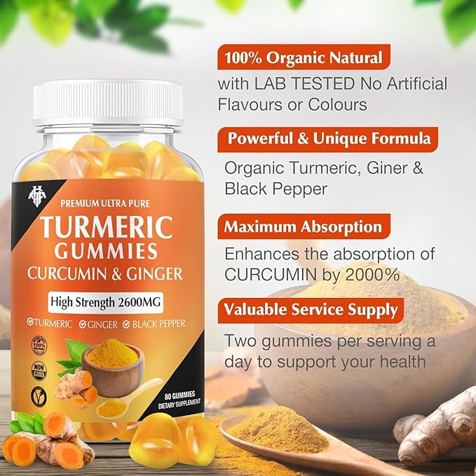 Turmeric Curcumin Gummies (6 Pack) - Turmeric Curcumin Supplements with Ginger & Black Pepper Gummies for Immune Muscle Support Healthy Skin - Vegan, Gluten Free, Low Sugar - for Adults