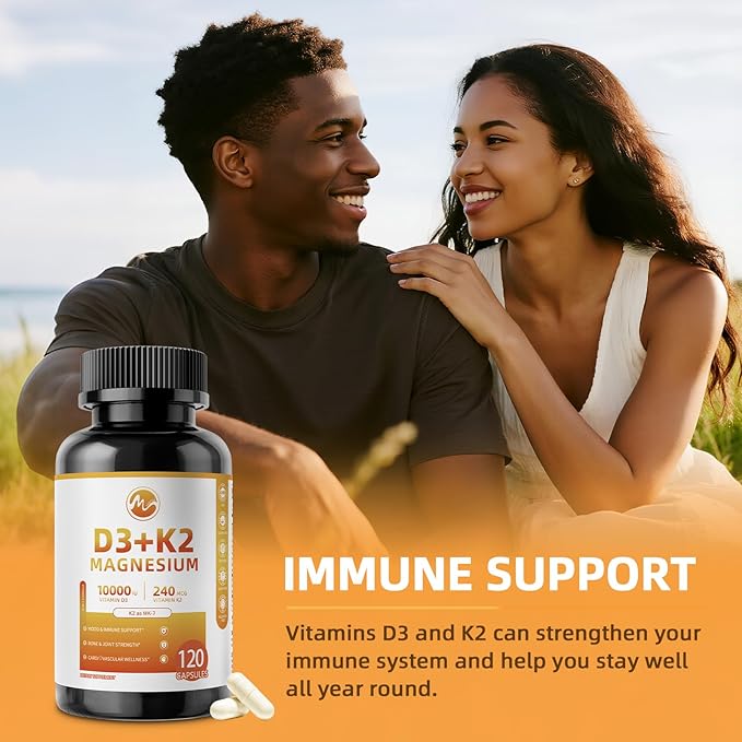 M inch Vitamin D3 K2 with Magnesium, Vitamin D3 10000 IU, Vitamin K2 MK-7 240 mcg, 6-in-1 K2 D3 Vitamin Supplement with Quercetin for Bone, Immune & Moo*d Support, Highly Bioavailable, 2 Packs