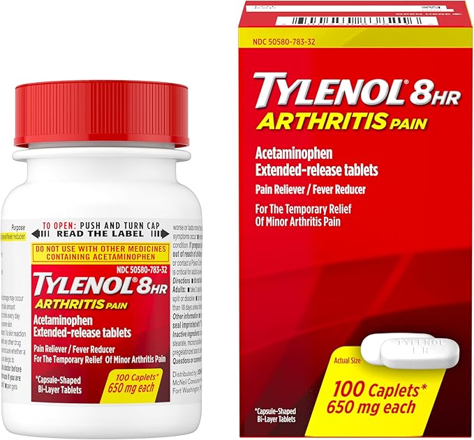 Tylenol 8HR Arthritis Pain Relief Caplets, Fast, Strong Pain Relief, 650 mg Acetaminophen for Minor Arthritis & Joint Pain, Fever Reducer, Extended Release, Won't Irritate Stomach, 100 Count