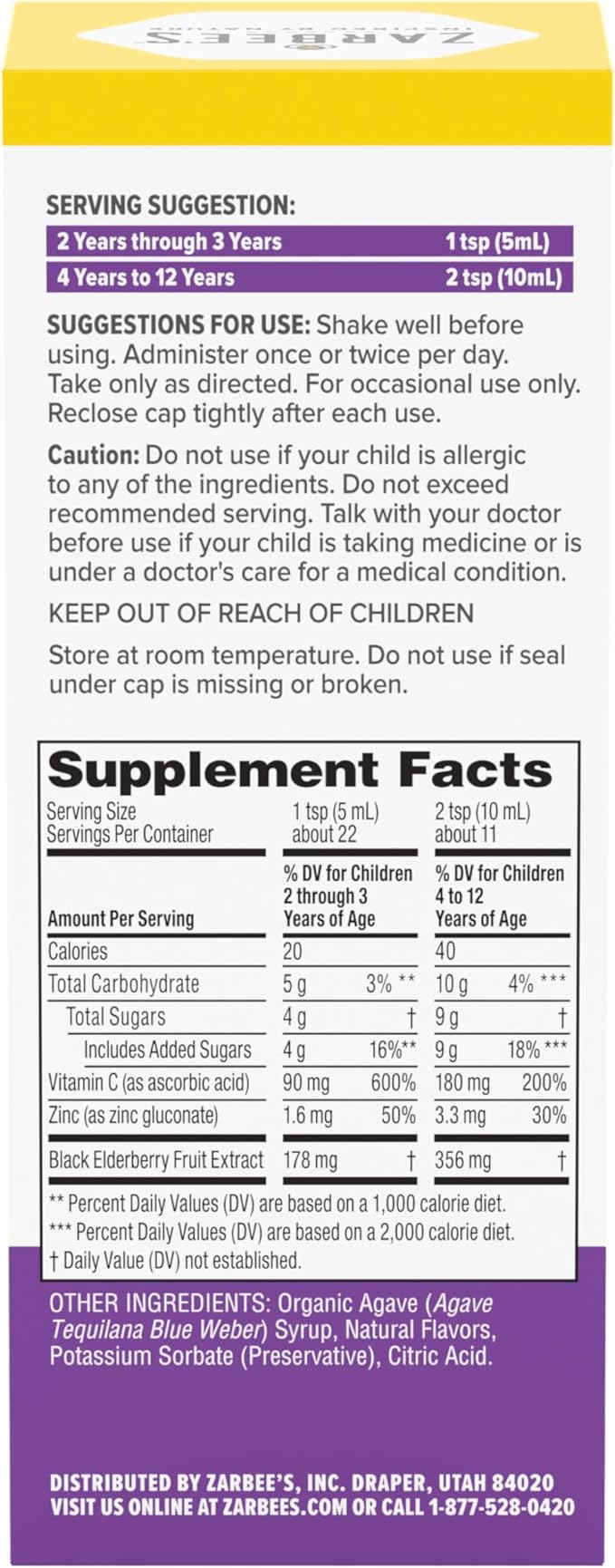 Zarbee's Elderberry Syrup for Kids, Daily Immune Support with Vitamin C & Zinc, Childrens Liquid Supplement, Natural Berry Flavor, 4 fl oz