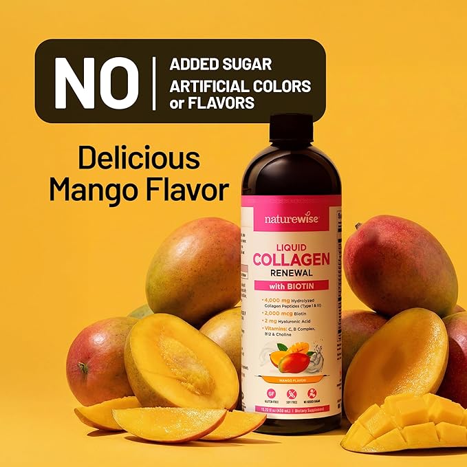 NatureWise Hydrolyzed Liquid Collagen for Women & Men 4000mg - No Added Sugar - Multi Collagen Peptides + Biotin + Vitamin C + Vitamin B Complex & Hyaluronic Acid - Mango - 15.22 fl oz[45 Day Supply]