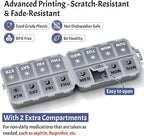 Foldable Weekly Pill Organizer 2 Times a Day with 2 Extra Compartments (Clear Printed Labels) - Portable 7 Day AM PM Medicine Box, Week Daily Travel Pill Case Holder for Vitamin, Supplement - Grey
