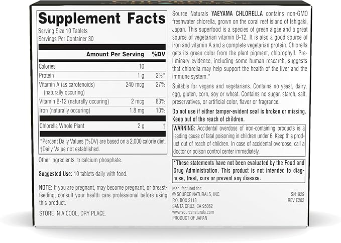 Source Naturals Yaeyama Chlorella Box 200 mg Freshwater Green Superfood, Plant-Based B12-300 Tablets