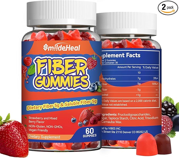 Fiber Gummies, Dietary Fiber, for Women and Men, Gut Health Support, Non-GMOs, Non-Gluten, Vegan, Mixed Berry and Strawberry Flavor, 120 Count Gummies