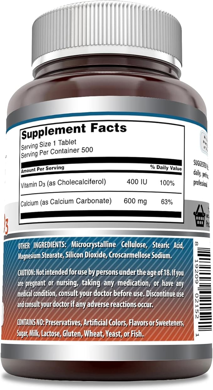 Amazing Formulas Calcium with Vitamin D3 Supplement | Tablets | Non-GMO | Gluten-Free | Made in USA (1 Pack | 500 Count)