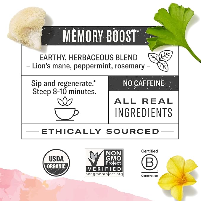 Numi Organic Damiana Focus Herbal Tea – 48 Herbal Tea Bags – Caffeine Free Blend with Damiana Ginkgo Lion’s Mane Hibiscus Mint & Licorice for Mental Clarity & Natural Energy
