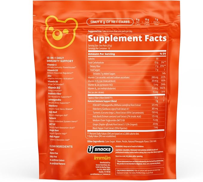 Grüns Immun Immunity Gummies with Vitamin C, Zinc, MCT Oil, & Turmeric - Daily Immune Support Supplement for Adults - Sour Pineapple Flavor (10 Count)