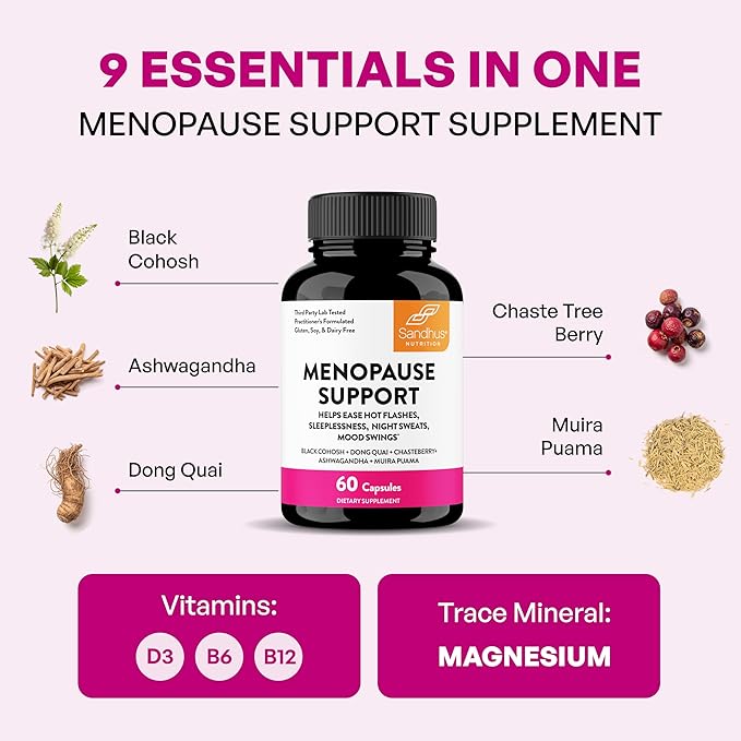 Complete Menopause Support Supplement For Women | With Ashwagandha, Black Cohosh, Dong Quai & Muira Puama | Helps Easing Hot Flashes, Night Sweats, Mood Swings, Hormone Balance & Harmony | 60 Capsules