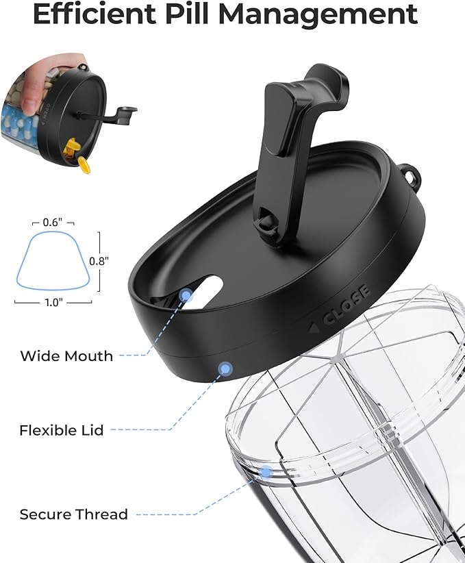 AMOOS Cute Pill Dispenser with 7 Large Compartments, Portable Pill Bottle Organizer with Wide Opening for Easy Use, Anti-Mix Pill Organizer for Travel, BPA-Free Pill Container, Black