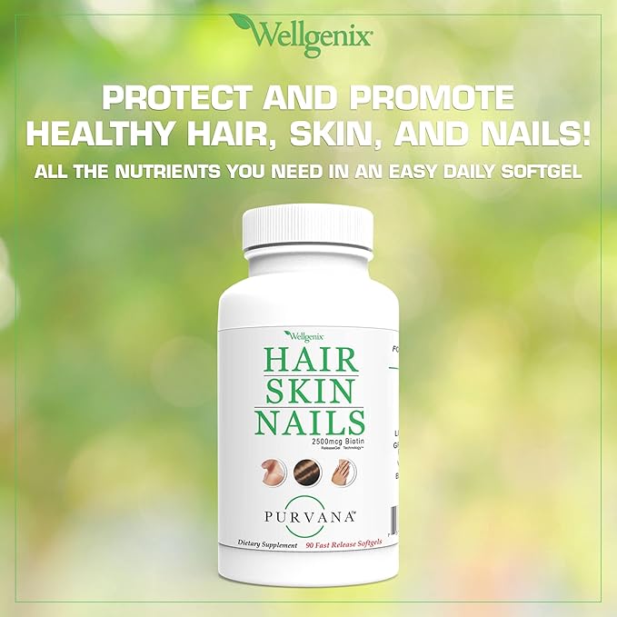 Wellgenix Purvana Hair Skin and Nails Supplement – 2500mcg Biotin Softgels with MSM & B-Complex – Daily Beauty Support for Stronger Nails & Hair Vitality – 180 Softgels (2 Pack)