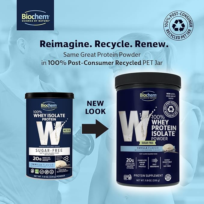 Biochem 100% Whey Sugar-Free Vanilla 20g, 11.8oz, Certified Vegetarian, Gluten Free, Non-GMO Tested, Keto Friendly, Grass-Fed