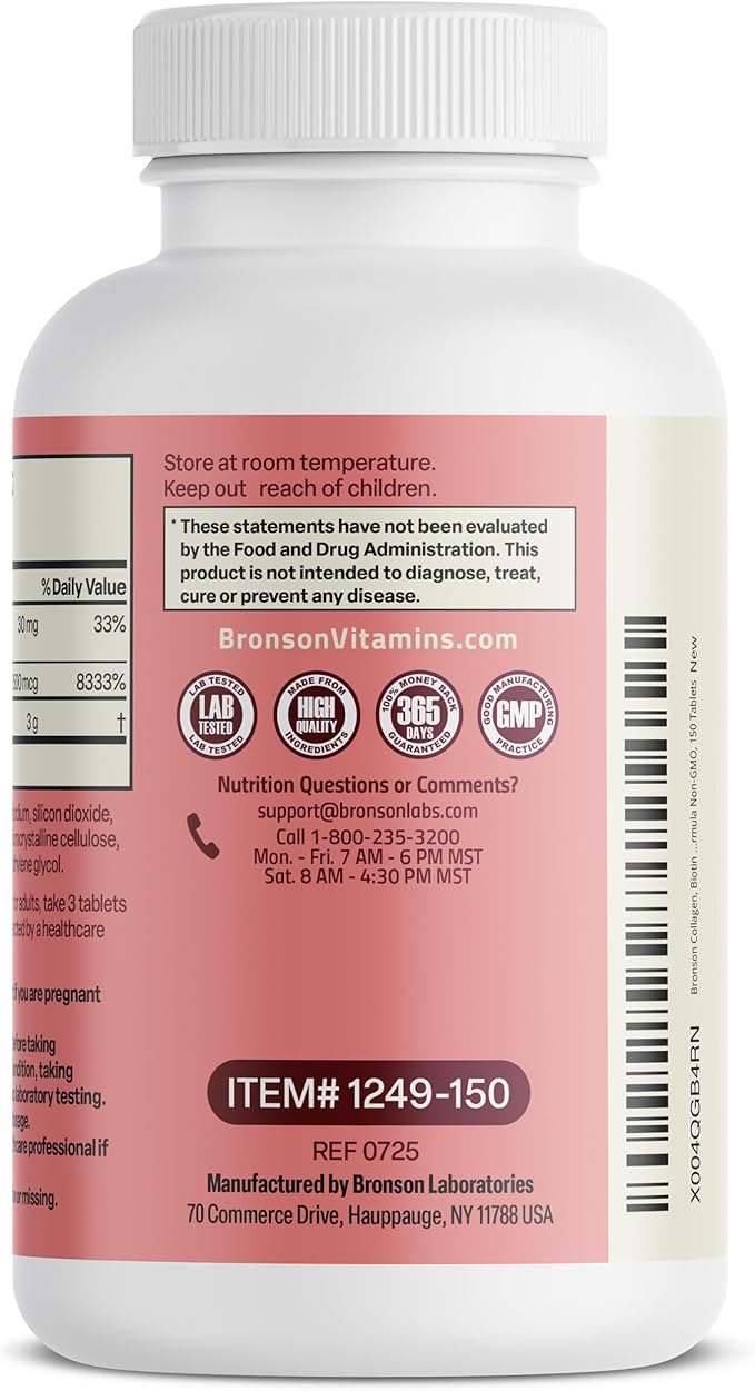 Bronson Collagen Peptides 3000mg (per Serving) with Biotin & Vitamin C - for Hair, Skin & Nails Support, Non-GMO, 150 Tablets