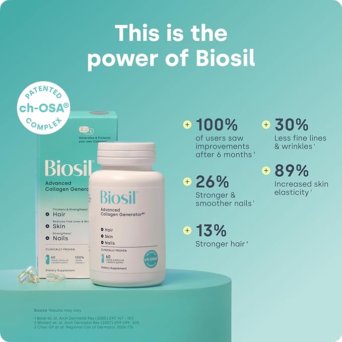 Biosil Collagen Booster Supplement - 180 Vegan Capsules - Patented ch-OSA Activator for Skin, Hair, Nails & Joints - Supports Natural Production - 90-Day Supply