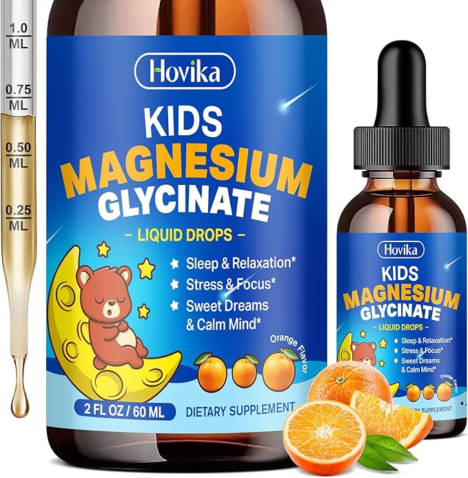 Magnesium Glycinate Liquid for Kids - with L-Theanine Omega-3, Vitamin B6, D3, Zinc - Kids Magnesium Drops for Sleep, Relaxation, Calm & Focus - 2 Fl Oz, Orange Flavor