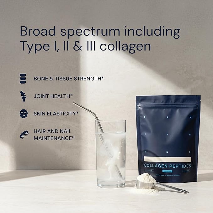 Blueprint Bryan Johnson Hydrolyzed Collagen Peptides Powder – Type I, II & III Collagen for Women & Men – Unflavored Protein Supplement for Hair, Skin, Nails, Joints & Cartilage – 20g – 30 Servings