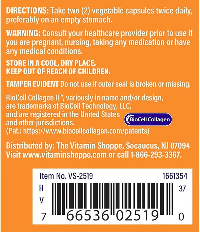 The Vitamin Shoppe Collagen Type II 1000MG - Joint Health, Cartilage Support & Flexibility, with Hyaluronic Acid (60 Vegetable Capsules)