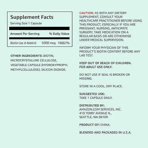 Amazon Elements Vegan Biotin 5000 mcg - Hair, Skin, Nails, 130 Capsules (4 Month Supply) (Packaging May Vary) (Pack of 2)