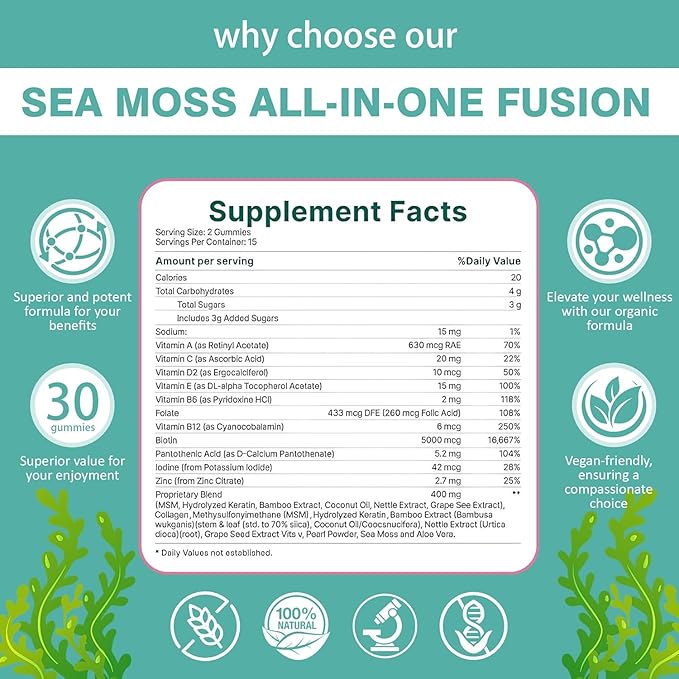 Revive Hair Gummies - Sea Moss Gummies with Hair, Skin & Nails Vitamins with Seamoss, Pearl Powder, Vitamin E, Aloe Vera, Liposomal Vitamin C, 30 Count