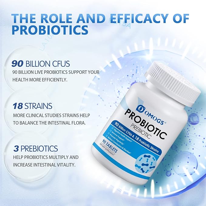 OMOGS Probiotics 90 Billion CFUs 18 Strains,with 3 Organic Prebiotics & Vitamin C,Nutritional Supplement for Women,Men & Kids,Support Metabolism,Immunity and Digestive Health,Non-GMO, 90 Tablets