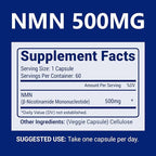 NMN 500mg Per Serving Maximum Strength - 99% Pure NMN (Nicotinamide Mononucleotide) for NAD, Cell, Immune, Energy, Anti-Aging & Longevity, Stabilized NMN Supplements 500mg - 60 Veggie Capsules