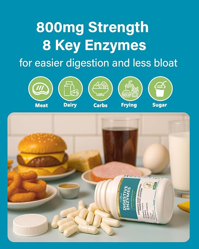 800mg Digestive Enzymes for Men and Women with Probiotics & Prebiotics, 8 Key Enzymes, Protease, Amylase & Lipase | 180 Capsules - A 60-Day Supply for Bloating & Gas Relief - Non-GMO