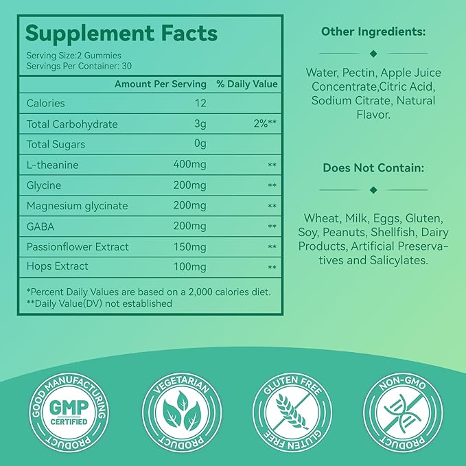 L Theanine Gummies,L-Theanine 400mg with GABA,Magnesium Glycinate Chewable Supplement for Kids & Adults,Stress Relief,Restful and Relaxation Support,Apple Flavor,Vegan Sugar Free 60 Counts