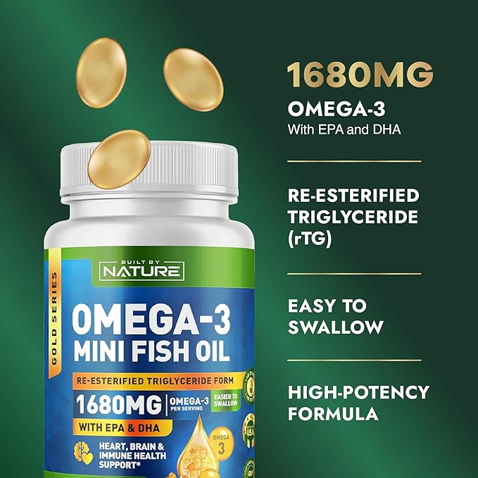 Built by Nature Omega 3 Mini Fish Oil – Re-esterified Triglyceride Form (rTG) – High Omega-3 1680mg, EPA and DHA - Small & Easier to Swallow – 90 Softgels