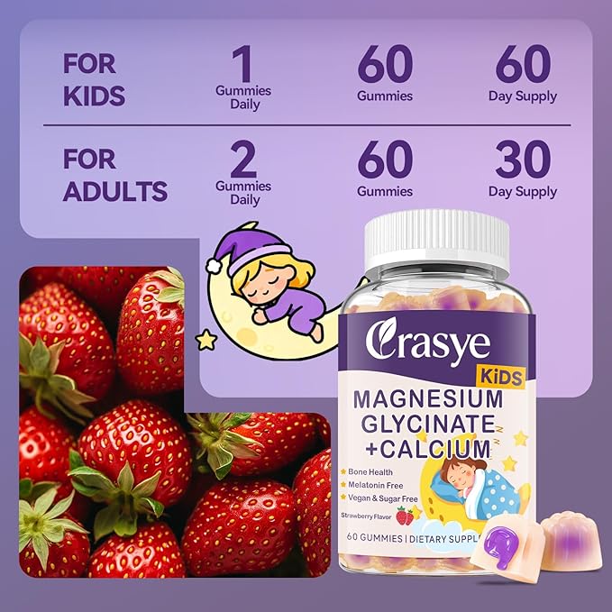 Magnesium Glycinate + Calcium Gummies for Kids Sugar Free Magnesium Gummy Kids Sleep Gummies Melatonin Free Magnesium Supplement for Children Zzz & Relax, Brain, Bone