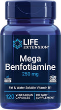 Life Extension Mega Benfotiamine, 250 mg, a fat-soluble form of thiamine, healthy metabolism, ultra-bioavailable vitamin B1, high potency, gluten-free, non-GMO, vegetarian, 120 capsules