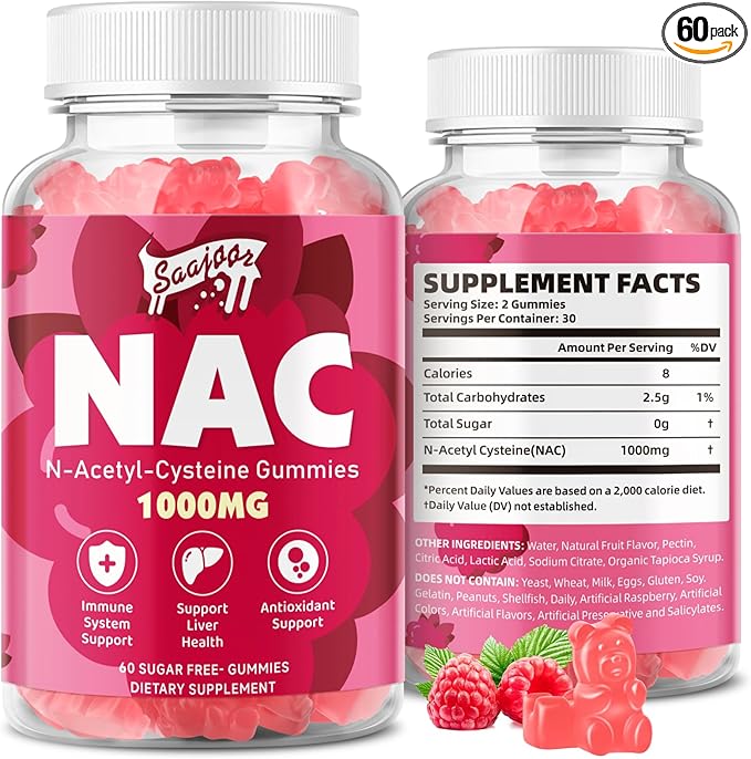 NAC Gummies Sugar-Free, N-Acetyl Cysteine NAC Supplement 1000mg for Antioxidants, Immune Support, Non-GMO, Gluten-Free, Vegan – Raspberry Flavor, 60 Gummies