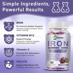 Vegan Iron Supplement 65mg, Iron Gummies for Women and Men with Vitamin C 250mg, Vitamin A, B-Complex, Biotin, Zinc & Folate, Folate for Energy Boost, Immune Health, 120 Count