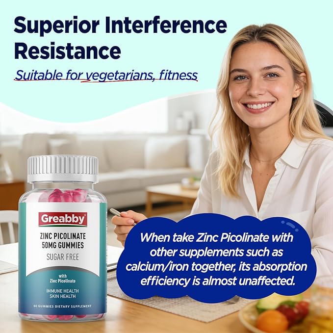 Zinc Gummies Sugar Free, Zinc Picolinate 50mg Highly Absorbable Zinc Supplement for Kids & Adults, Support Immune System, Skin Health, 120 Gummies