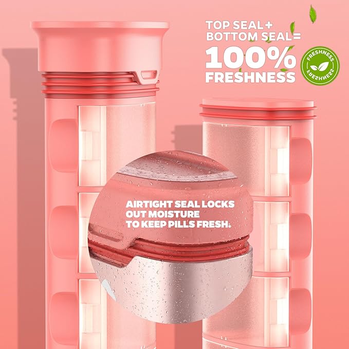 Metal Pill Organizer 2 Times a Day-Travel Pill Box Case with Moisture-Proof Airtight Lids, Weekly Large Capacity AM PM Medicine Container for Vitamins, Fish Oil, Supplements and Medications (Pink)