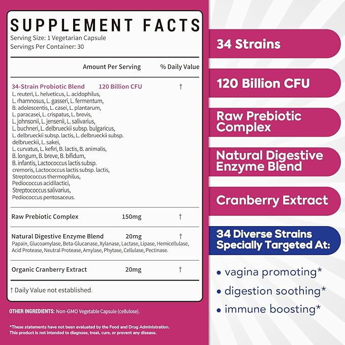 Probiotics for Women, 120 Billion CFU 34 Strains, Prebiotics, Digestive Enzymes, Cranberry, 4-in-1 Feminine Probiotic, Digestive, Vaginal, Immune Support, 60ct (Pack of 2)