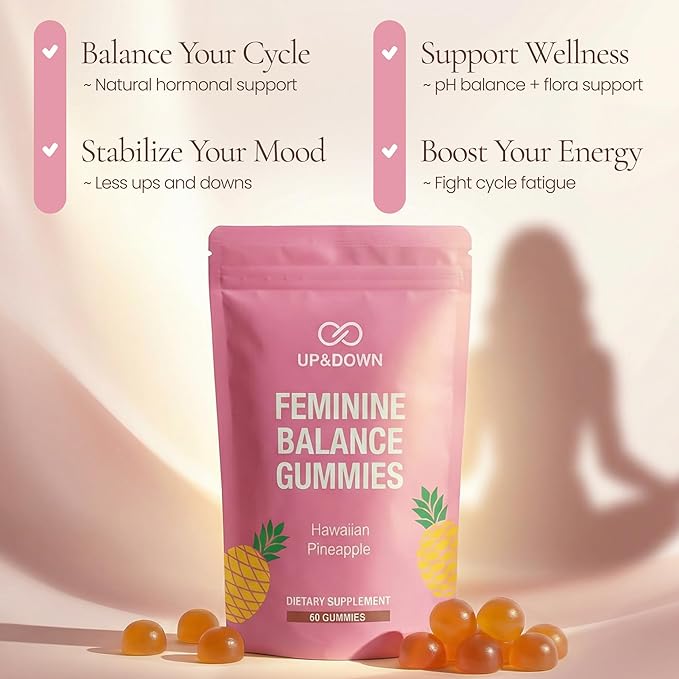 Up&Down Supplements Premium Feminine Balance Gummies for Women | PMS Relief, Mood & Cycle Support | Pineapple + Vitamin C | Ashwagandha & Chasteberry | Vegan, Non-GMO, Gluten Free | 60 Gummies